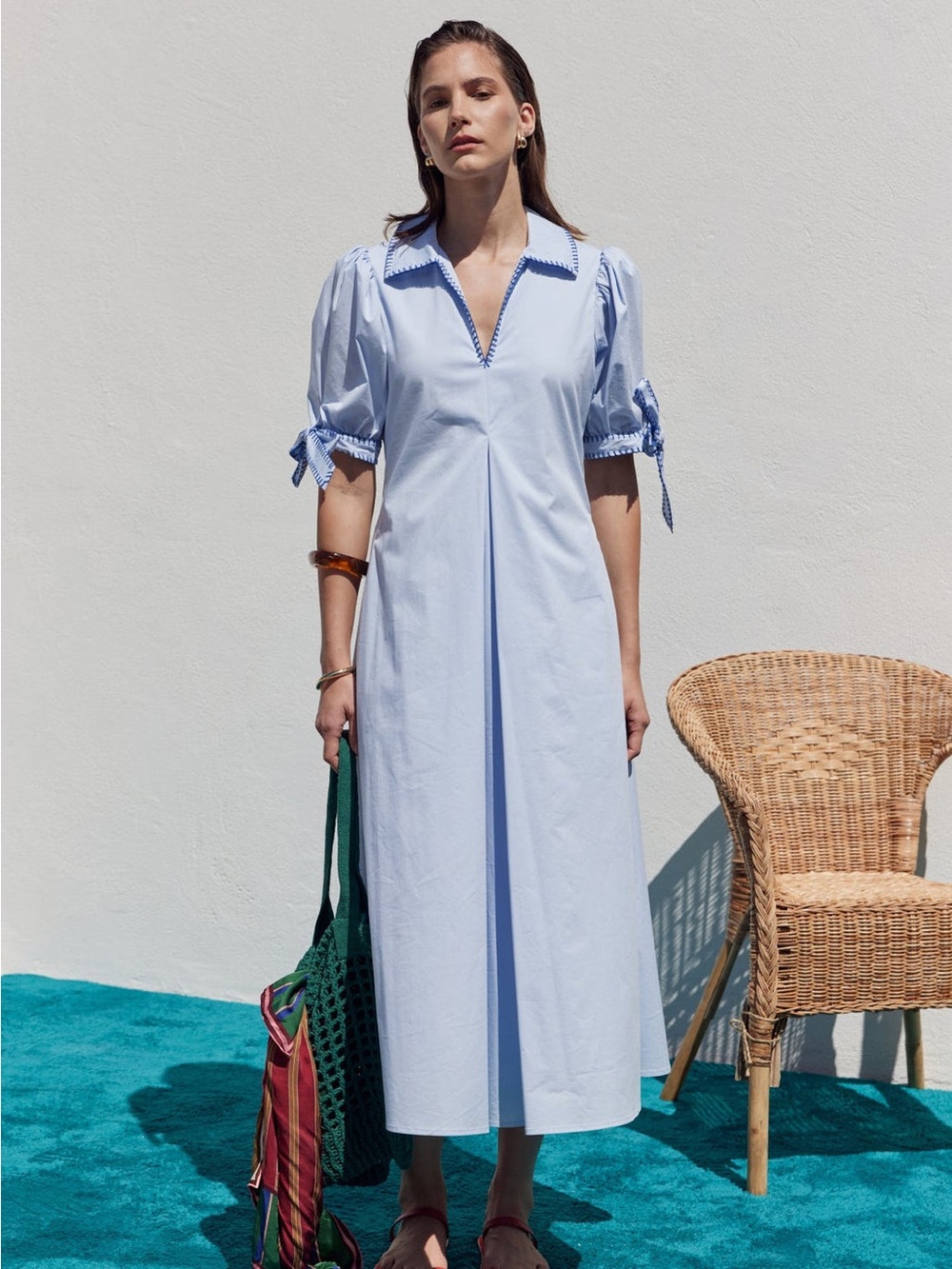 English Factory Light Blue Midi Dress with Puff Sleeves